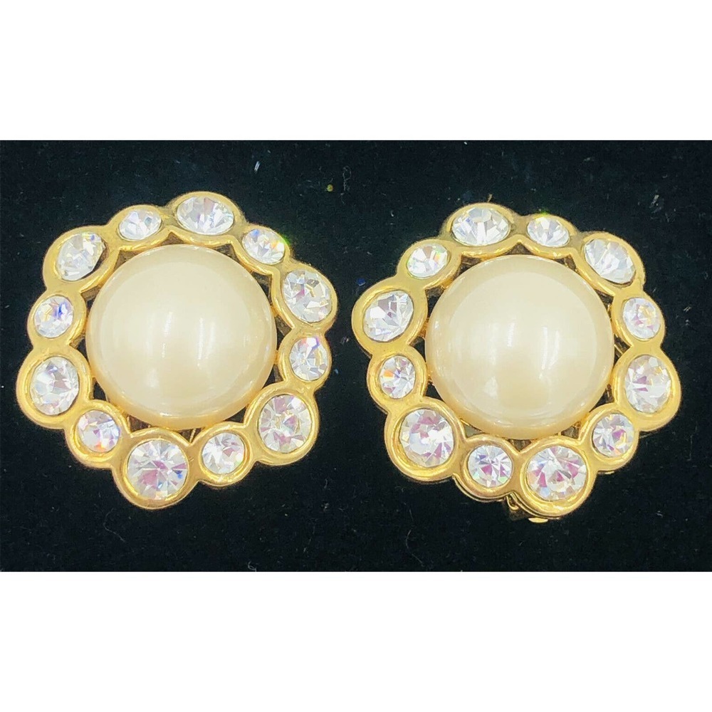 Gold Tone Crystal Cabochon Pearl Clip Earrings - Picture 5 of 10